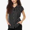 Impress Striped Short Sleeve Button Down Shirt - Black