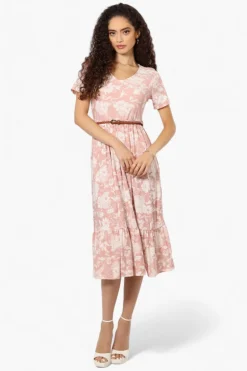 International INC Company Floral Belted Short Sleeve Maxi Dress - Blush