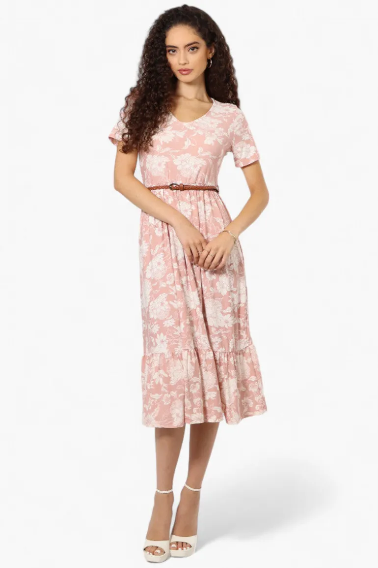 International INC Company Floral Belted Short Sleeve Maxi Dress - Blush