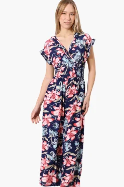 International INC Company Floral Crossover Wide Leg Jumpsuit - Navy
