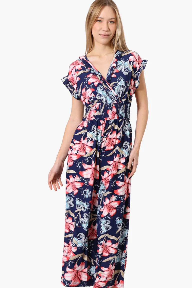 International INC Company Floral Crossover Wide Leg Jumpsuit - Navy