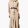 International INC Company Belted Button Down Tiered Maxi Dress - Beige