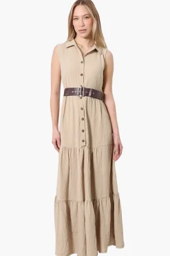 International INC Company Belted Button Down Tiered Maxi Dress - Beige