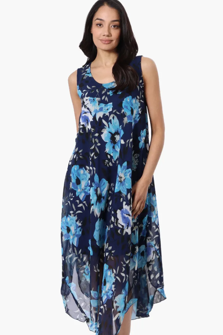 International INC Company Floral Round Neck Maxi Dress - Navy