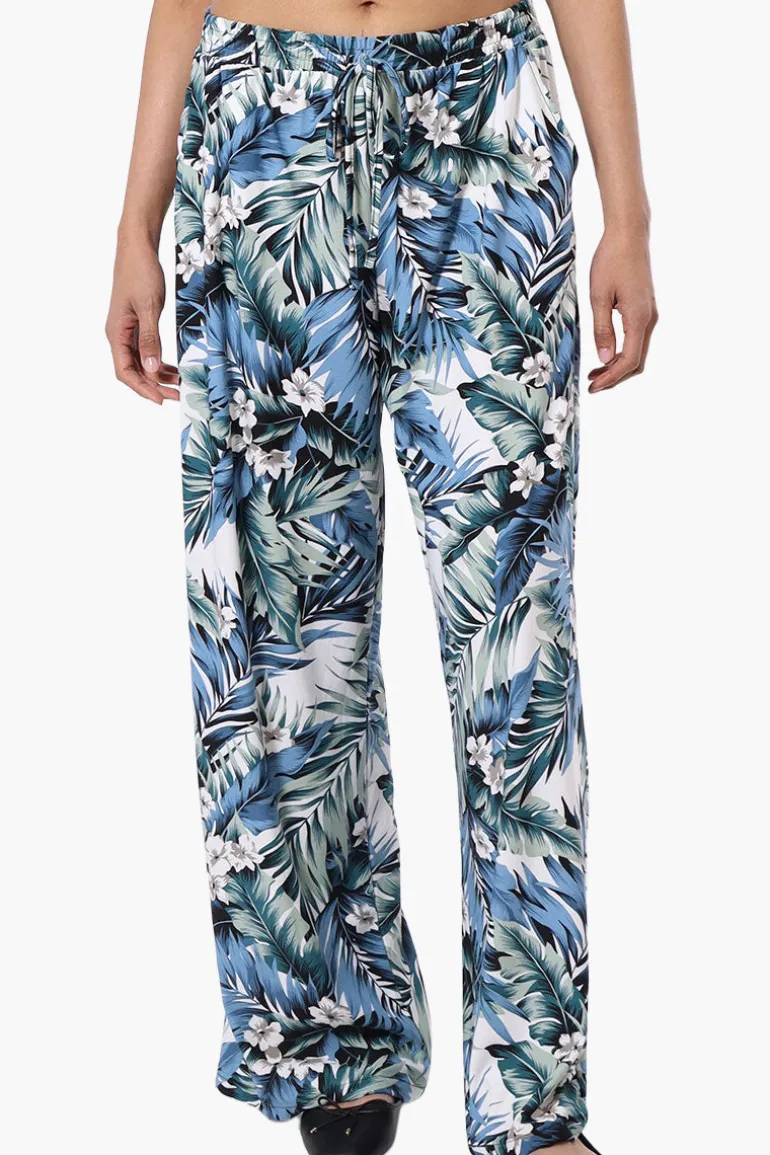 International INC Company Leaf Print Tie Waist Palazzo Pants - Blue