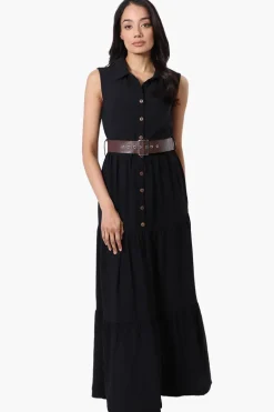 International INC Company Belted Button Down Tiered Maxi Dress - Black