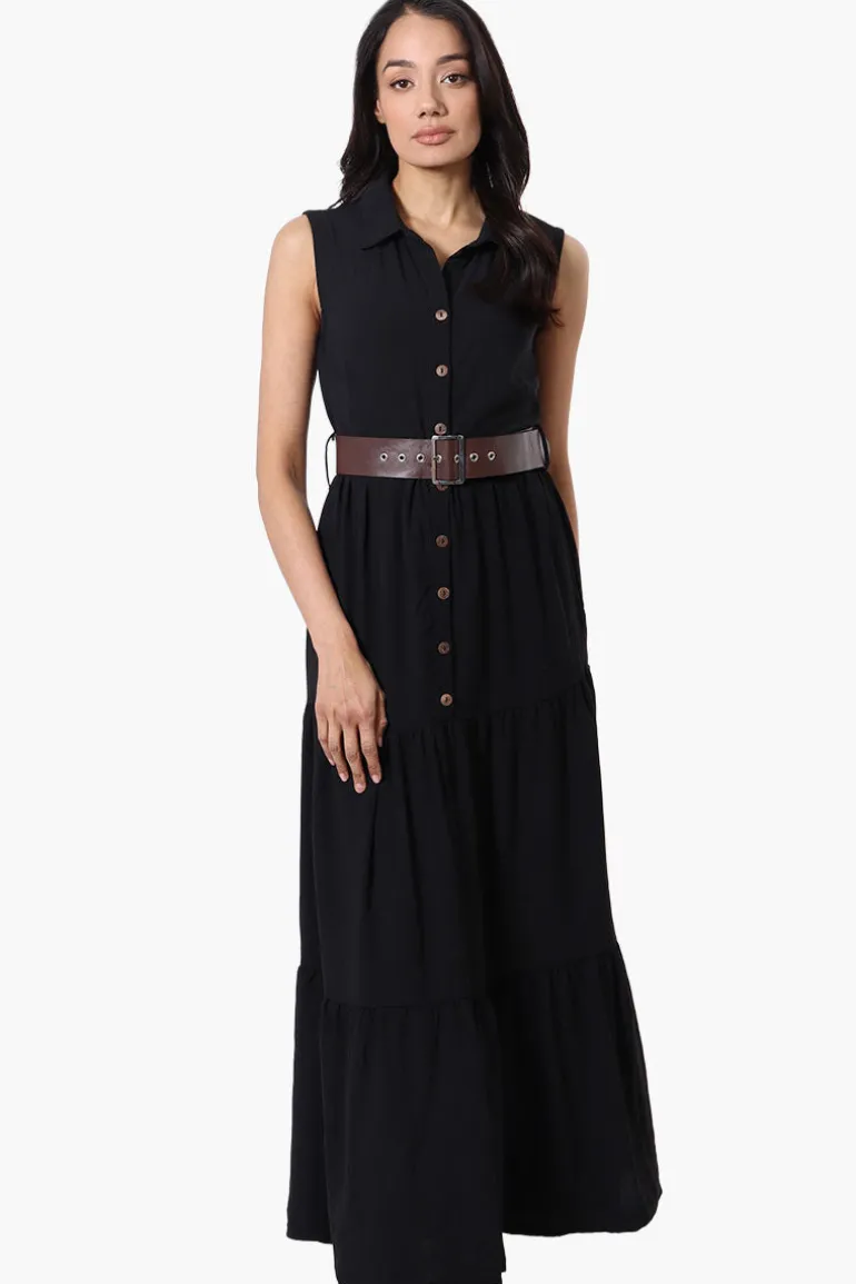 International INC Company Belted Button Down Tiered Maxi Dress - Black