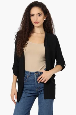 International INC Company Roll Up Sleeve Open Wrap Cardigan - Black