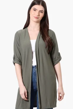 International INC Company Roll Up Sleeve Open Duster Cardigan - Olive