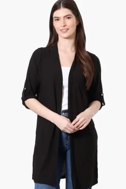 International INC Company Roll Up Sleeve Open Duster Cardigan - Black