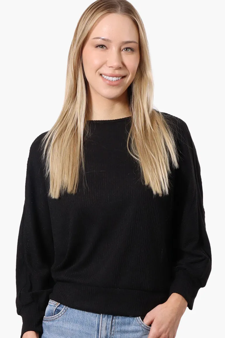 International INC Company Ribbed Button Back Detail Pullover Sweater - Black
