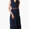 International INC Company Belted Button Down Tiered Maxi Dress - Navy