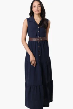International INC Company Belted Button Down Tiered Maxi Dress - Navy