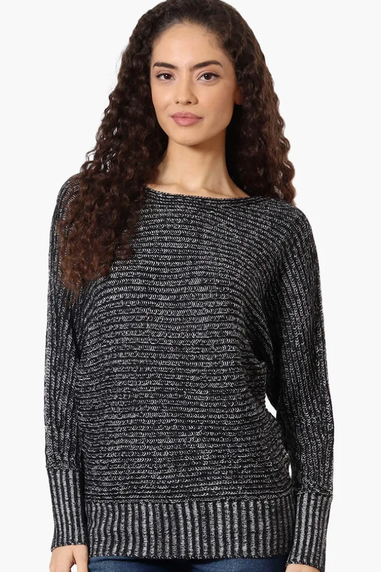 International INC Company Ribbed Boat Neck Pullover Sweater - Black
