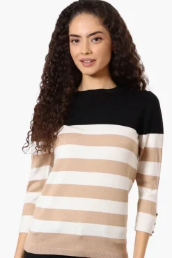 International INC Company Striped 3/4 Sleeve Pullover Sweater - Black