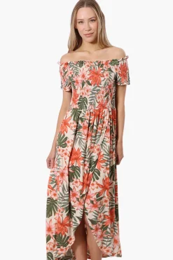 International INC Company Floral Off Shoulder Crossover Maxi Dress - Peach