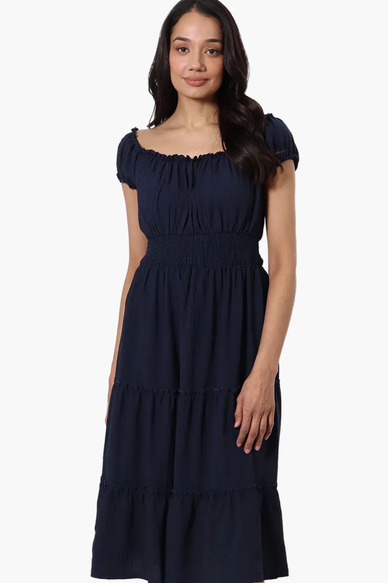 International INC Company Tiered Smocked Waist Maxi Dress - Navy