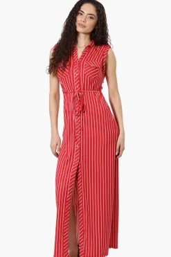 International INC Company Striped Belted Button Down Maxi Dress - Red