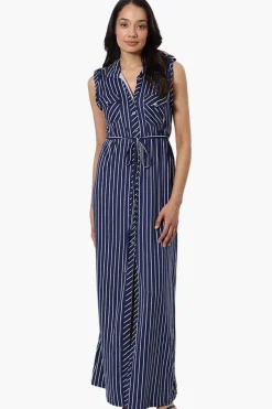 International INC Company Striped Belted Button Down Maxi Dress - Navy