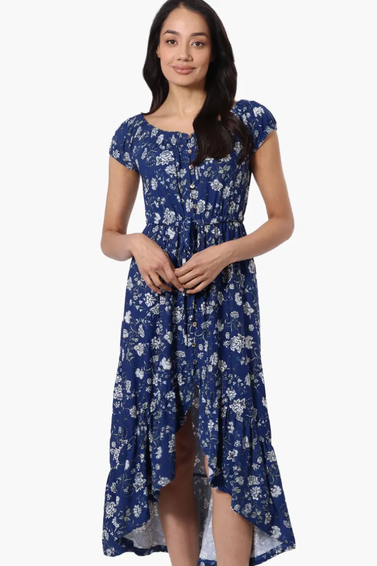 International INC Company Floral Ruffled Button Down Midi Dress - Navy