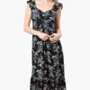 International INC Company Leaf Pattern Ruffle Strap Maxi Dress - Black