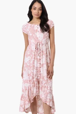 International INC Company Floral Ruffled Button Down Midi Dress - Pink
