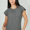 International INC Company Patterned Short Sleeve Cinched Collar Blouse - Black