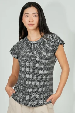 International INC Company Patterned Short Sleeve Cinched Collar Blouse - Black