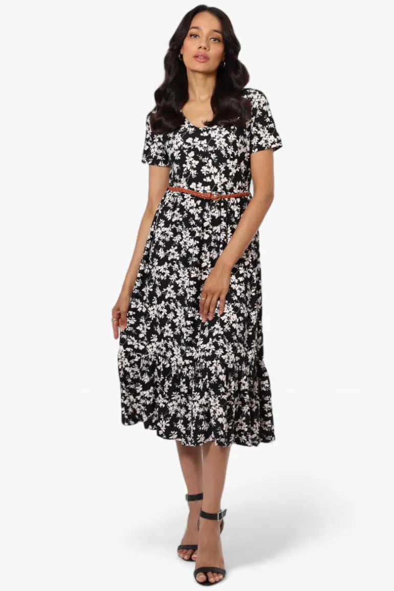 International INC Company Floral Belted Short Sleeve Maxi Dress - Black