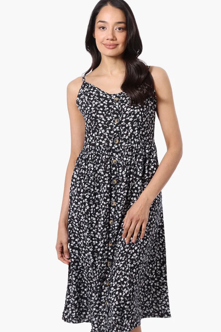 International INC Company Floral Button Down Midi Dress - Black