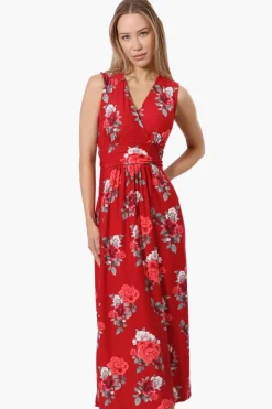 International INC Company Floral Padded Crossover Maxi Dress - Red