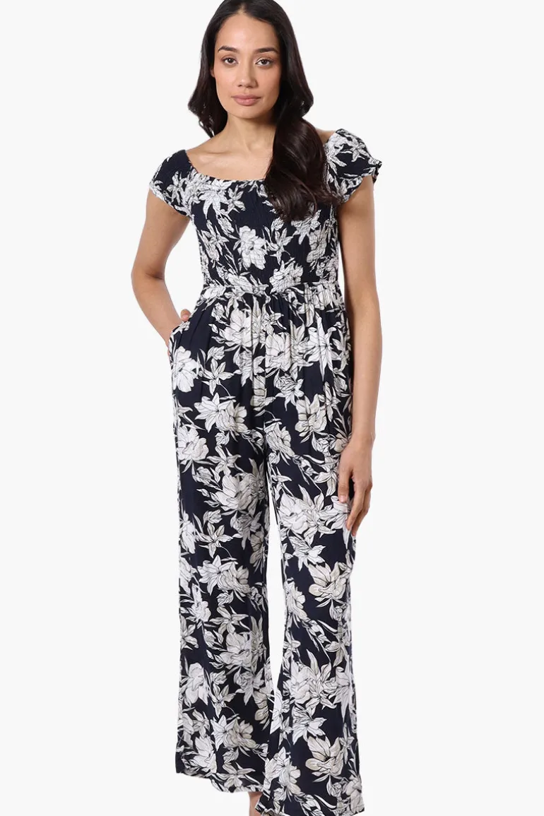 International INC Company Floral Smocked Square Neck Jumpsuit - Navy