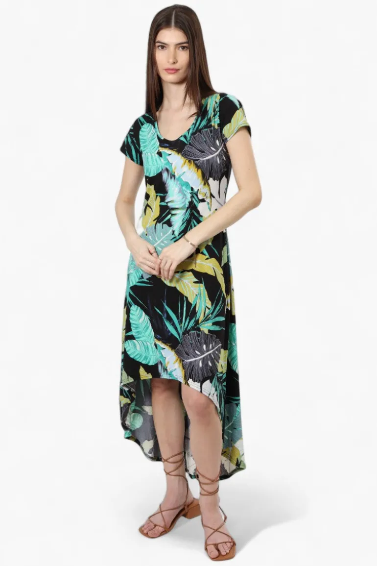 International INC Company Leaf Pattern High Low Maxi Dress - Black