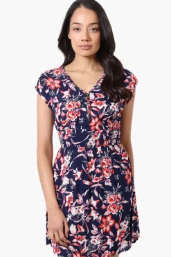 International INC Company Floral Smocked Waist Day Dress - Navy