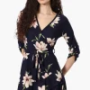 International INC Company Floral Belted Crossover Day Dress - Navy
