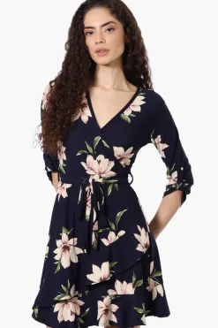 International INC Company Floral Belted Crossover Day Dress - Navy