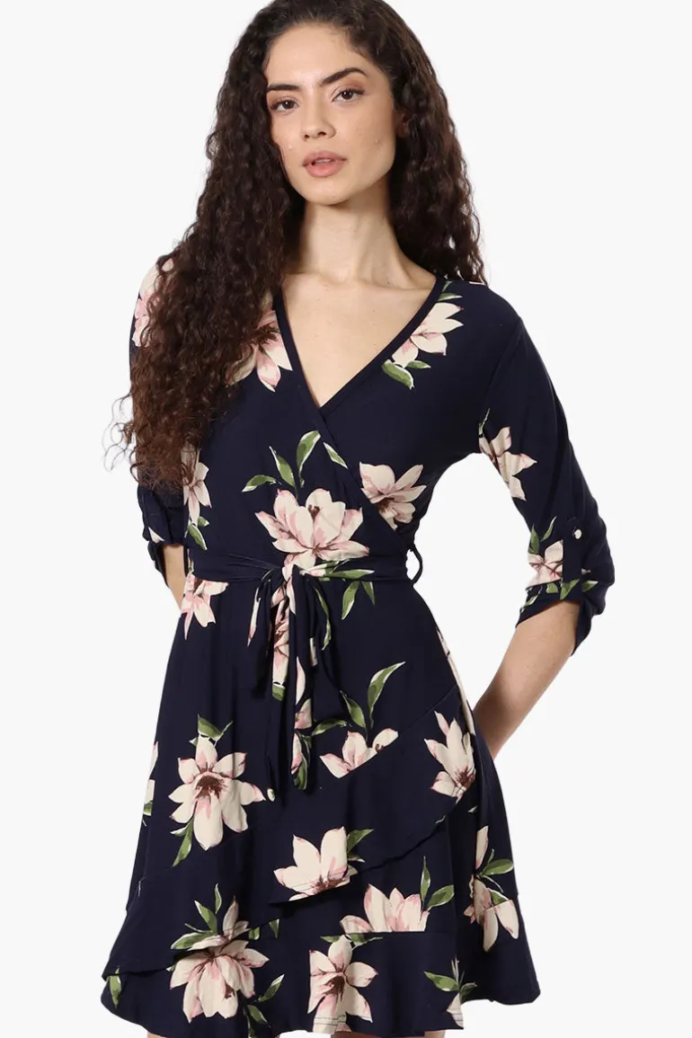 International INC Company Floral Belted Crossover Day Dress - Navy
