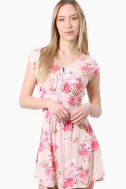 International INC Company Floral Smocked Waist Day Dress - Pink