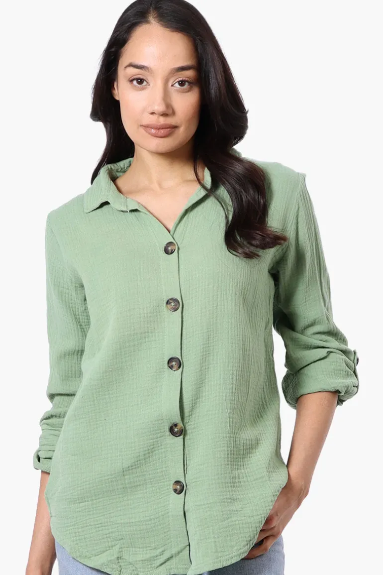 International INC Company Roll Up Sleeve Button Down Shirt - Green