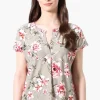 International INC Company Floral Short Sleeve Blouse - Olive
