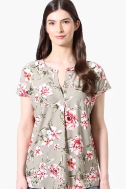 International INC Company Floral Short Sleeve Blouse - Olive