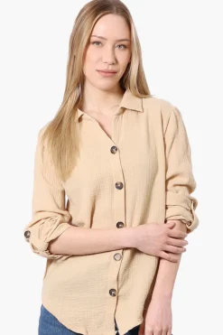 International INC Company Roll Up Sleeve Button Down Shirt - Cream