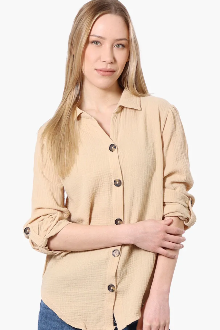 International INC Company Roll Up Sleeve Button Down Shirt - Cream