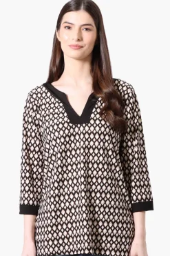 International INC Company Patterned Side Slit 3/4 Sleeve Shirt - Black