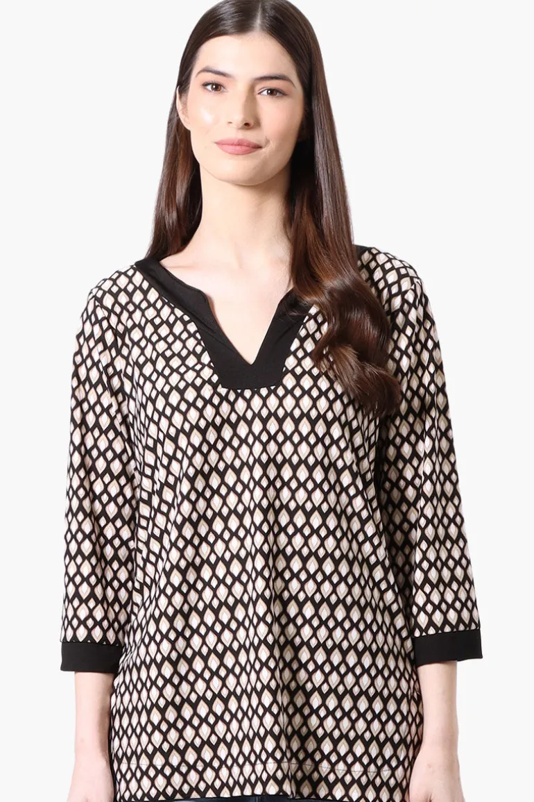 International INC Company Patterned Side Slit 3/4 Sleeve Shirt - Black