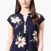 International INC Company Floral Cap Sleeve Henley Shirt - Navy