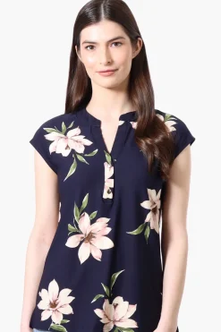 International INC Company Floral Cap Sleeve Henley Shirt - Navy