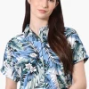 International INC Company Leaf Pattern Button Up Cropped Shirt - Green