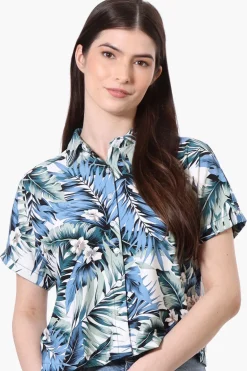 International INC Company Leaf Pattern Button Up Cropped Shirt - Green