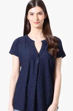 International INC Company Dotted Short Sleeve Blouse - Navy